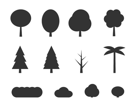 Vector flat trees on white background. Various trees, fir, bushes and palm. Simple tree icon isolated.のイラスト素材