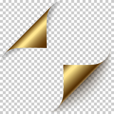 Vector realistic golden foil paper corners set with soft shadow on transparent background. 3D page corner curled. Blank sheet of paper. Design element.のイラスト素材