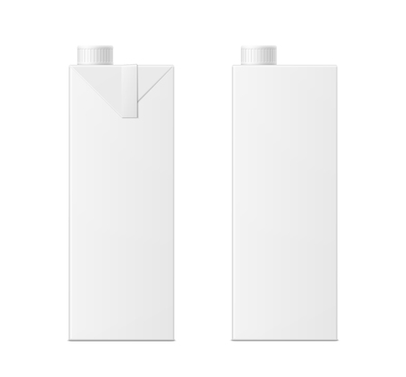 Vector 3d mock up of milk or juice box on white background. Realistic carton one liter package with cap isolated. Template for your design. Front view.のイラスト素材
