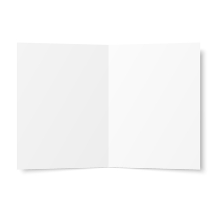 Vector blank white twofold booklet opened on white background. Top view. Front side. Two folded paper sheet in A4. Mock up of empty cover or flyer isolated. 3D illustrationのイラスト素材