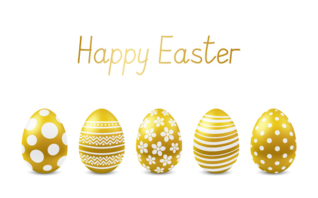 Vector Happy Easter greeting card with realistic eggs isolated. Five golden glossy metal easter eggs. Text 'Happy Easter'. Self-made font. 3D illustrationのイラスト素材