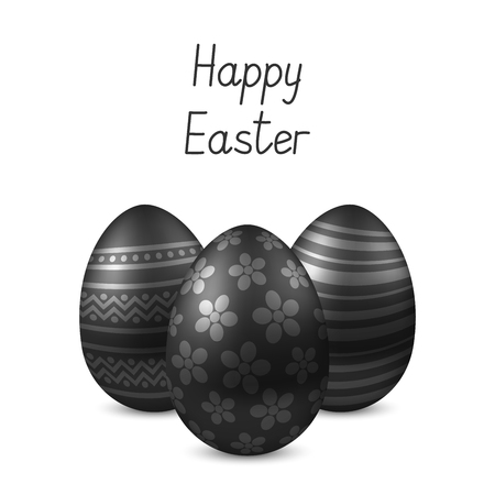 Vector Happy Easter greeting card with eggs. Text Happy Easter. Self-made font. Three black painted Easter eggs.のイラスト素材