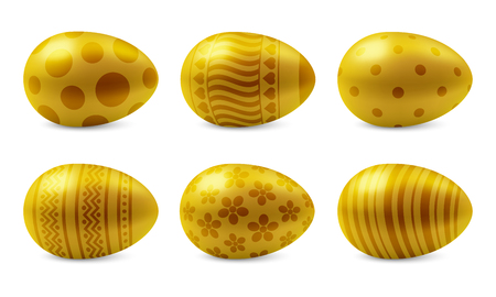 Vector set of realistic happy easter eggs isolated. Six golden glossy metal easter eggs with pattern. 3D illustrationのイラスト素材