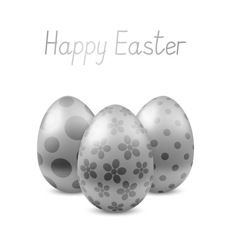 Vector Happy Easter greeting card with eggs. Text 'Happy Easter'. Self-made font. Three silver painted easter eggs. 3D illustrationのイラスト素材