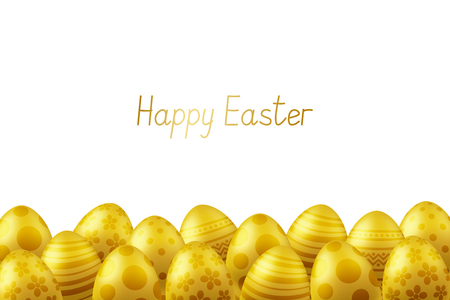 Vector Happy Easter greeting card with eggs. Text 'Happy Easter'. Self-made font. Golden painted easter eggs. 3D illustrationのイラスト素材