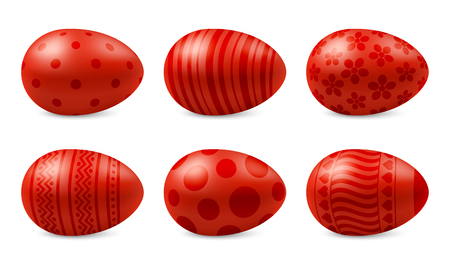 Vector set of realistic happy easter eggs isolated. Six red glossy metal easter eggs with pattern. Template for Happy easter. 3D illustrationのイラスト素材