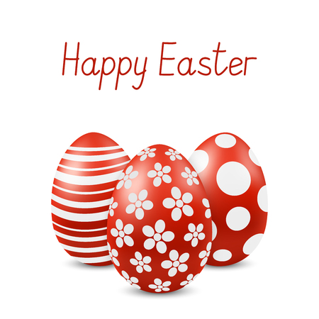 Vector Happy Easter greeting card with eggs. Text 'Happy Easter'. Self-made font. Three red-white painted easter eggs. 3D illustrationのイラスト素材