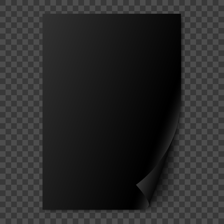 Vector black glossy realistic paper page with curled corner. Paper sheet folded with soft shadows on dark transparent background. A4 page mock up. 3d illustration. Template for your design.のイラスト素材