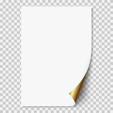 White realistic vector paper page with golden corner curled. Paper sheet folded with soft shadows on light transparent background. A4 page mock up, 3d illustration template for your design.のイラスト素材