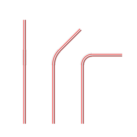 Realistic vector drinking straws striped for milk drinks, cocktails or alcohol. Set of white-red drinking straws isolated with various bends template for design.のイラスト素材