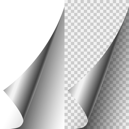 Vector silver metallic realistic paper page corner curled up. Paper sheet folded with soft shadows on light transparent background. 3d illustration. Template for your design.のイラスト素材
