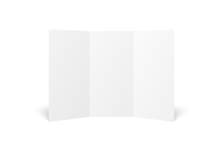 Vector blank white trifold leaflet opened on white background. top view. Zigzag folded paper sheet in A4. Mock up of empty cover, leaflet, brochure, pamphlet, flyer isolated. 3D illustrationのイラスト素材