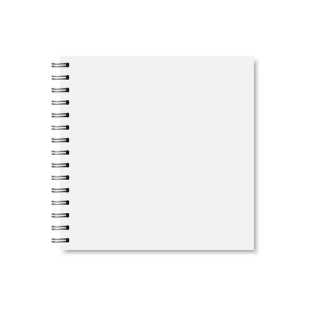 Vector white realistic closed notebook cover. Square blank notebook, copybook, brochure, menu with metallic silver spiral. Mock up of organizer or diary isolated.のイラスト素材