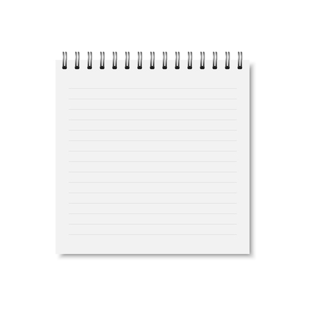 Vector white realistic closed notebook cover. Square blank notebook, copybook, brochure, menu horizontal lined with metallic silver spiral. Mock up of organizer or diary isolated.のイラスト素材