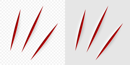 Vector realistic red cut with a office knife on paper sheet isolated. Claws animal scratches on transparent background.のイラスト素材