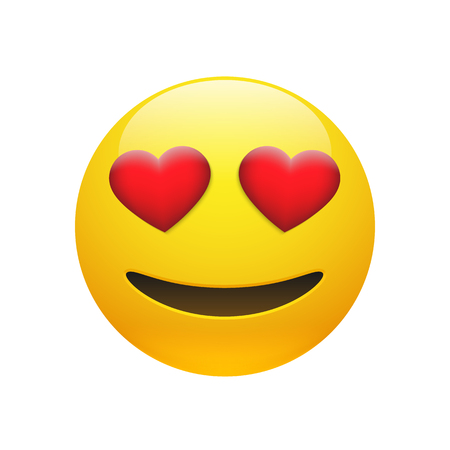 Emoji vector yellow stupid smiley face with red heart eyes and mouth on white background. Funny cartoon Emoji icon. 3D illustration for chat or message.のイラスト素材