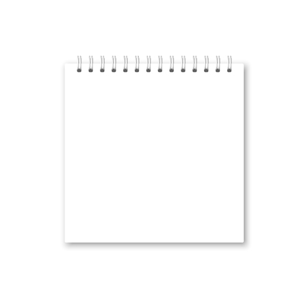Vector realistic opened notebook cover. Square white metallic spiral bound blank notebook, copybook, brochure, menu. Template mock up of organizer or diary isolated.のイラスト素材