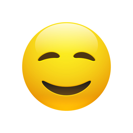 Vector Emoji yellow smiley face with closed eyes and mouth on white background. Funny cartoon Emoji icon. 3D illustration for chat or message.のイラスト素材