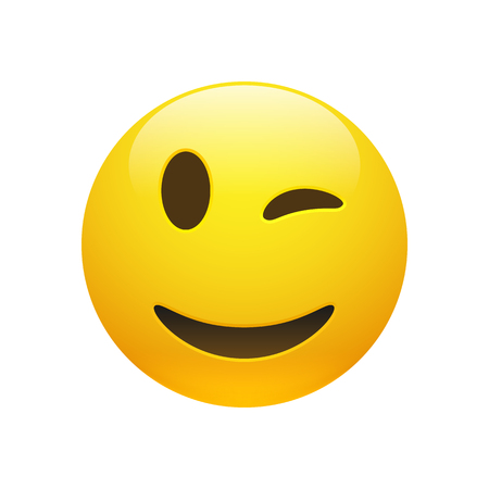 Vector Emoji yellow smiley winking face with eyes and mouth on white background. Funny cartoon Emoji icon. 3D illustration for chat or message.のイラスト素材