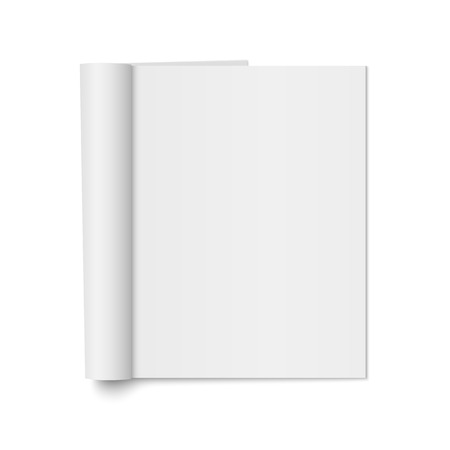 A Vector mock up of realistic magazine with curled paperback isolated. Opened vertical booklet on 3d illustration for your designのイラスト素材