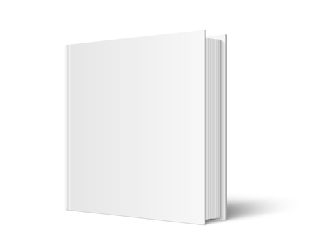 Vector mock up of standing book with white blank cover isolated. Closed square hardcover book, catalog or magazine mockup on white background. 3d illustration. Diminishing perspective.のイラスト素材