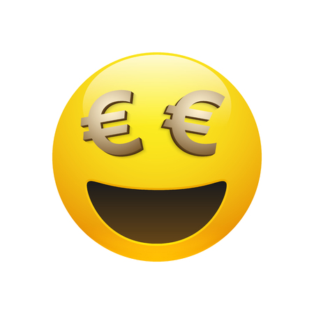 Vector yellow glossy smiley emoticon with golden euro sign eyes and mouth on white background. Funny cartoon Emoji icon. 3D illustration for chat or message.のイラスト素材