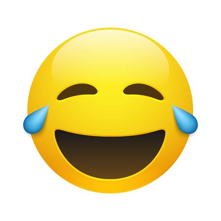 Vector yellow smiling and crying emoticon with closed eyes and mouth on white background. Glossy funny cartoon Emoji icon. 3D illustration for chat or message.のイラスト素材