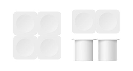 Mockup of plastic yogurt container with lid isolated on white background. Vector realistic blank pack of four yoghurt, ice cream, jam or sour creme package. 3D illustration. Front and top view.のイラスト素材