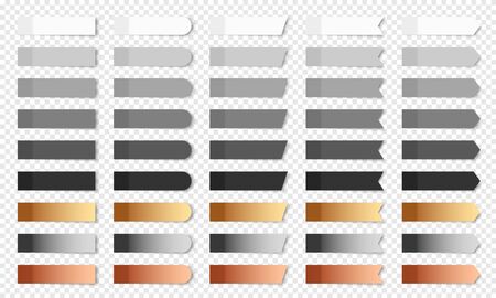 Colored realistic sticky notes isolated. Set of vector paper bookmarks of different shapes - rectangle, arrow, flag. Collection of white, shade of gray, black, golden, silver and bronze post notesのイラスト素材