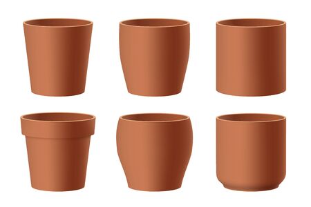 Vector set of realistic brown ceramic flower pots isolated on white background. Pots of different shapes. 3D illustrationのイラスト素材