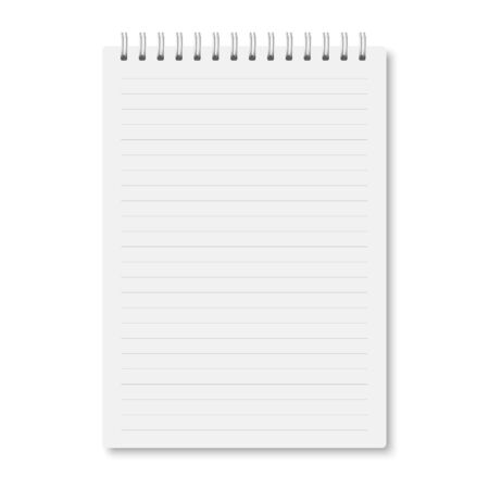 White realistic a5 notebook closed with soft shadows. Vector vertical blank copybook with metallic white spiral on white background. Mock up of horizontal lined organizer or diary isolated.のイラスト素材