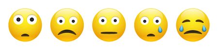 Set of vector yellow unhappy sad, astonished, neutral and crying emoticon with squinting eyes on white background. Glossy funny cartoon Emoji icon collection with negative emotions. 3D illustrationのイラスト素材