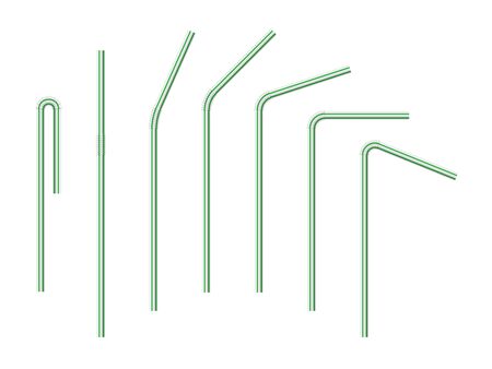 Vector realistic drinking straws striped for milk drinks, cocktails or alcohol. Set of white-green drinking straws isolated with various bends. 3D template for design.のイラスト素材