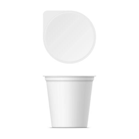 Mockup of plastic yogurt container with lid isolated on white background. Vector realistic yoghurt, ice cream or sour creme package. 3D illustration. Template for your design. Front and top view.のイラスト素材