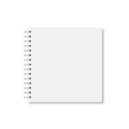 White realistic a5 notebook closed with soft shadow. Vector square blank copybook with metallic white spiral on white background. Mock up of horizontal lined organizer or diary isolated.のイラスト素材