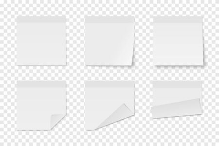 Set of vector white paper adhesive stickers on transparent background. Six realistic sticky notes isolated. Various blank sheets with folded corners.のイラスト素材