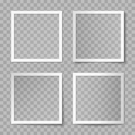 Vector set of white square photo card frames with various lighting effect and shadows on transparent background. Mockup of photo cardのイラスト素材