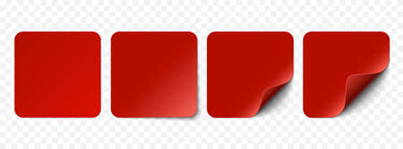 Vector red realistic paper stickers, sell tags isolated on transparent background. Set of square stickers curved with red corner and soft shadows. 3D illustration for your design.のイラスト素材