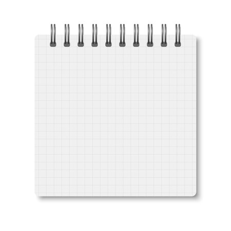 White realistic a6 notebook opened with soft shadows. Vector square blank copybook with silver metallic spiral on white background. Mockup of cell lined organizer or diary isolated.のイラスト素材
