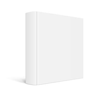 Vector mock up of standing book with white blank cover isolated. Closed square hardcover book, catalog or magazine mockup on white background. 3d illustration. Diminishing perspective view.のイラスト素材