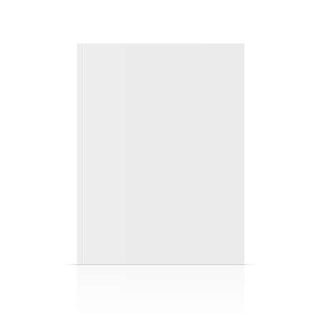 Vector realistic standing 3d magazine mockup with white blank cover isolated. Closed vertical paperback book, brochure, catalog or magazine mock up with glossy reflection on background. Front view.のイラスト素材