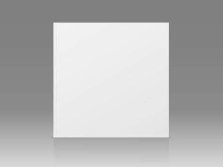 Vector realistic standing 3d magazine mockup with white blank cover isolated. Closed square paperback book, catalog or magazine mock up with reflection on gray gradient background. Front view.のイラスト素材