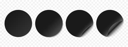 Vector black realistic paper stickers, price tags isolated on transparent background. Set of round stickers curved with black corner and soft shadows. 3D illustration for your design.のイラスト素材