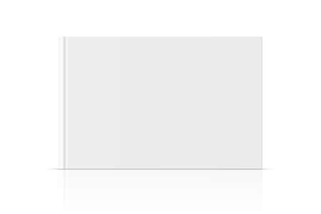 Vector realistic standing 3d book mockup with white blank cover isolated. Closed horizontal hardcover book, catalog or magazine mock up with glossy reflection on white background. Front view.のイラスト素材