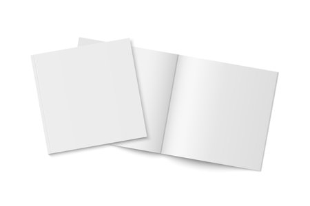 Vector mockup of two white paperback magazines with transparent shadow. Blank realistic square magazine, book, brochure or booklet template opened and closed on white background. 3d illustrationのイラスト素材