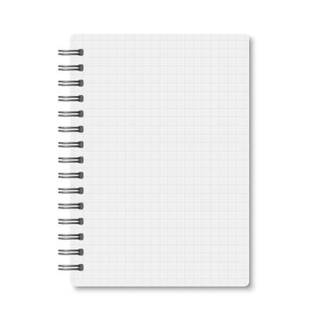 White realistic a6 notebook opened with soft shadows. Vector vertical blank copybook with silver metallic spiral on white background. Mockup of cell lined organizer or diary isolated.のイラスト素材