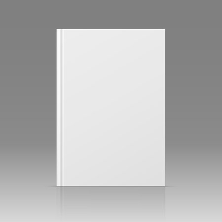 Vector realistic standing 3d book mockup with white blank cover isolated. Closed vertical hardcover book, brochure, catalog or magazine mock up with reflection on gray gradient background. Front viewのイラスト素材