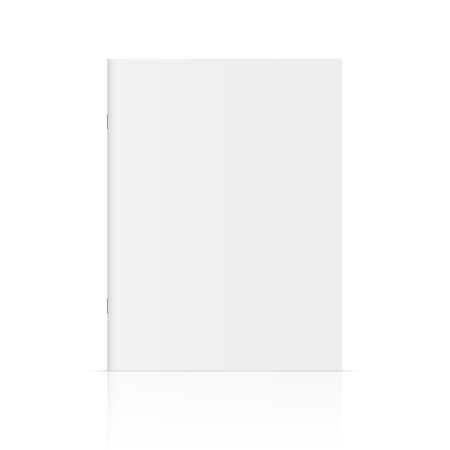 Vector realistic standing 3d magazine mockup with white blank cover isolated. Closed vertical paperback book, booklet, brochure or magazine mock up with glossy reflection on background. Front view.のイラスト素材