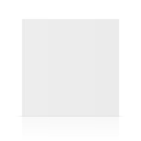 Vector realistic standing 3d magazine mockup with white blank cover isolated. Closed square paperback book, catalog or magazine mock up with glossy reflection on white background. Front view.のイラスト素材