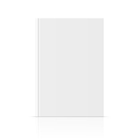 Vector realistic standing 3d book mockup with white blank cover isolated. Closed vertical hardcover book, brochure, catalog or magazine mock up with glossy reflection on white background. Front view.のイラスト素材